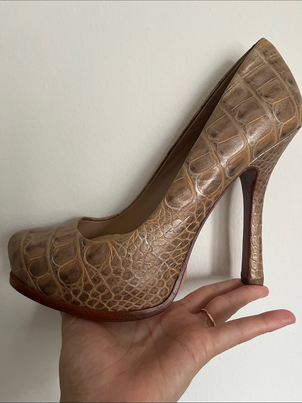 Joan & David Croc-Embossed Brown High Heel Pump